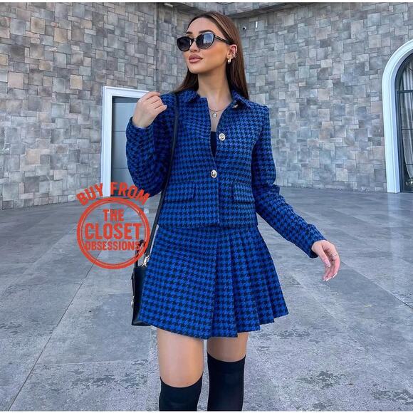 ZARA Blogger Fave Blue Houndstooth Blazer & Skort Co-Ord Set NWT - Picture 5 of 16